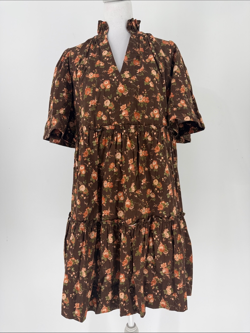 Tuckernuck Brown Floral Tiered Mini Dress Size M Cottagecore Fall